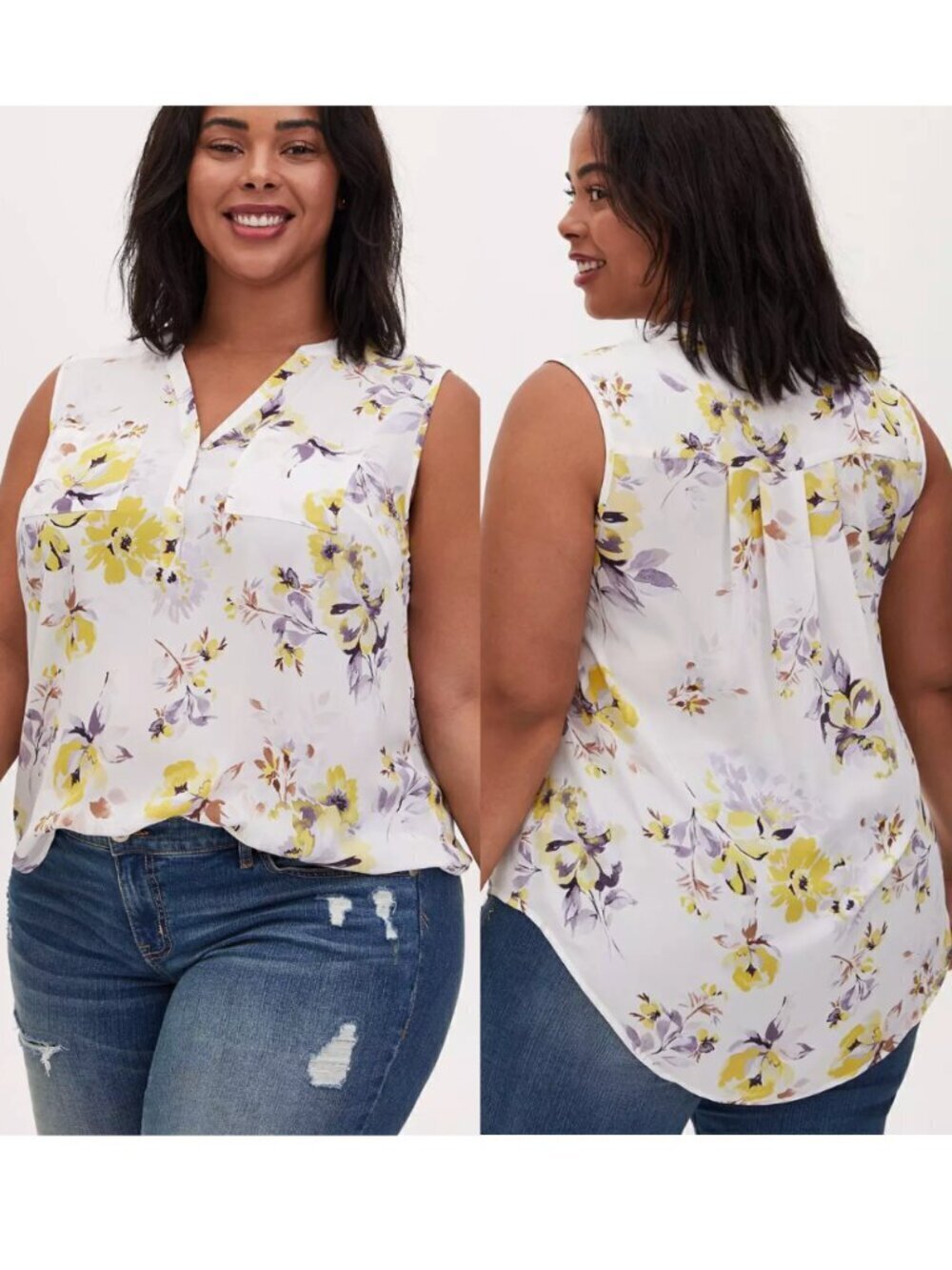 TORRID 1 Plus Size Harper Georgette Sleeveless Blouse White Yellow Floral Work